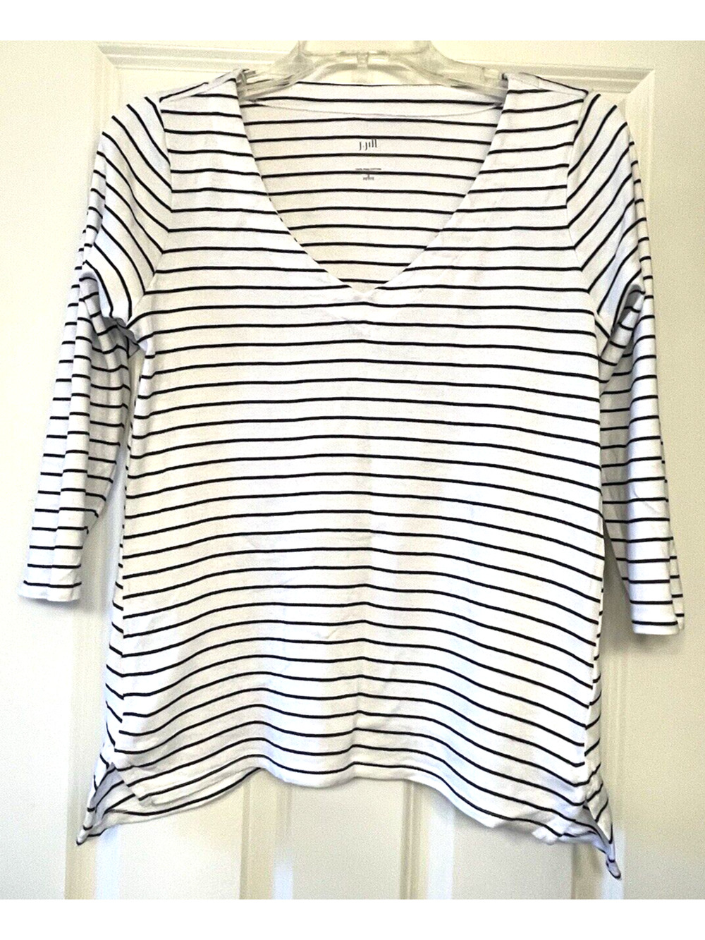 J JILL Petite S Black White Stripe 100% Pima Cotton 3/4 Sleeve V Neck Knit Top